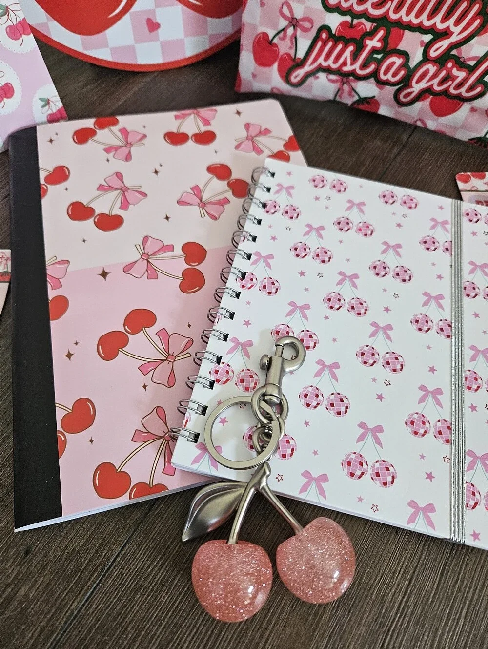 Cherry-Print 8-Piece Stationery Set + Bag Charm - Home School Office Supplies